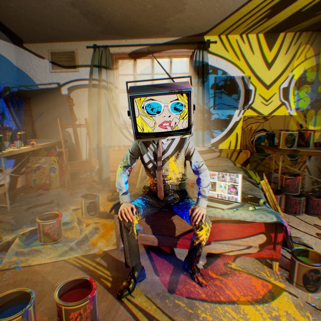 A man with a tv on his head sitting in a room